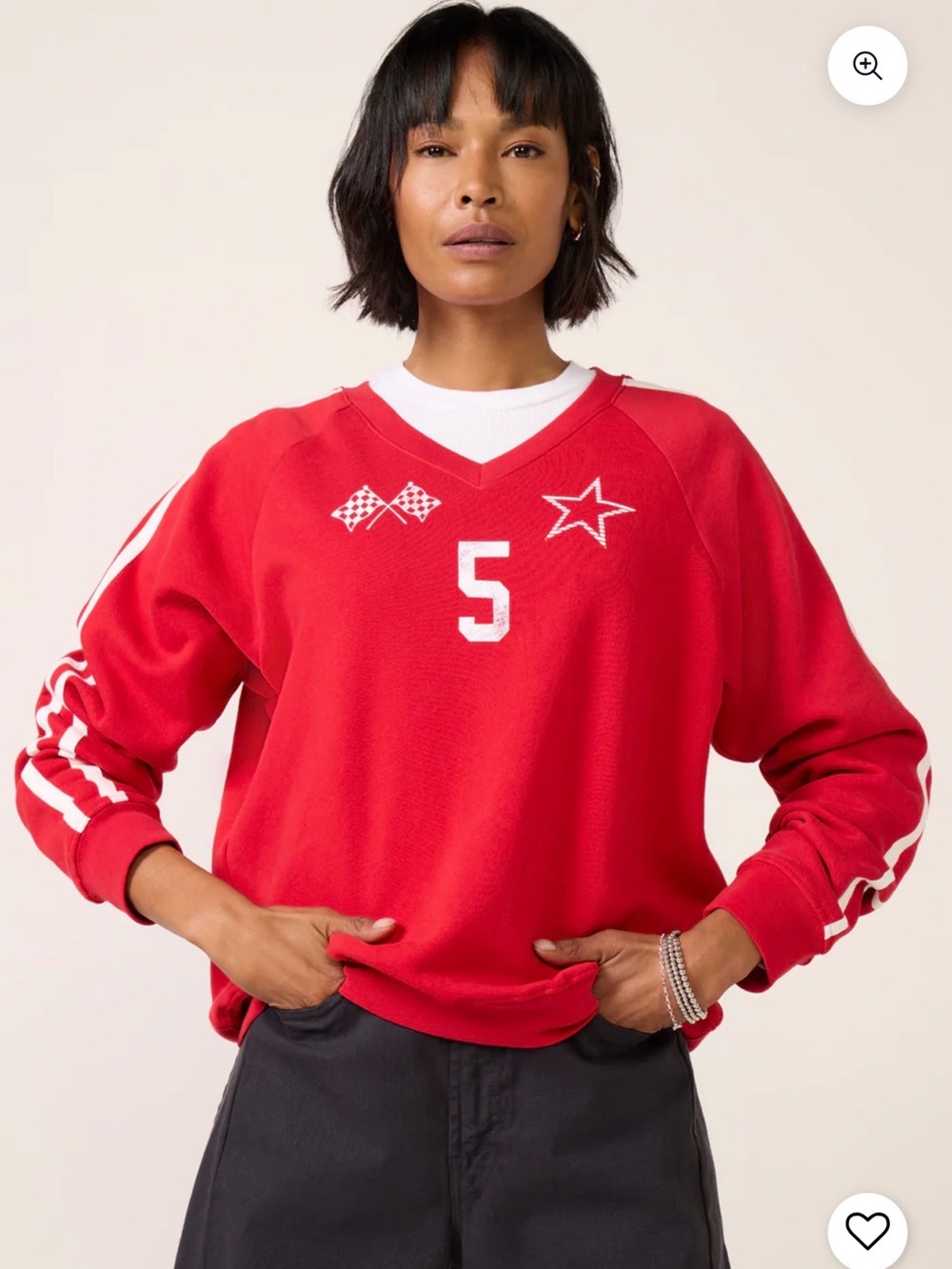DAYDREAMER Red V-Neck varsity athletic Graphic Sweatshirt with Number 5 flags